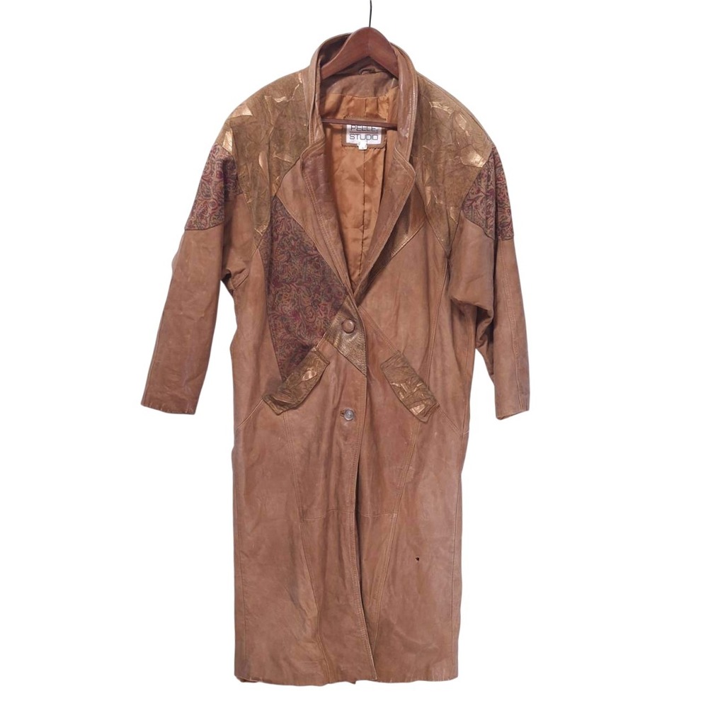 Vtg Pelle‎ Studio Leather Patchwork Trench Coat Gold Accent Womens M Distressed
